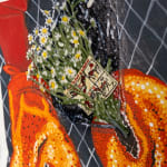 Ceramic sculpture of a black playing card with two arms with lobster claw shaped oven mittens holding a bouquet of chamomile flowers and the other holding a plate of butter that is shaped like a skull and two small knives.