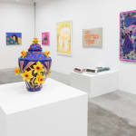 Install Image of "Oddkin", from left to right, “Americans Don't Use Umbrellas・アメリカ人は傘をささない”, “Pensive Pleasure”, "Untitled Urn #6”, “Shifted Gaze”, “I’m A Friend”, “Go Get 'Em Tiger”, “Pair of Razors”, “Night Flyers