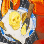 Ceramic sculpture of a black playing card with two arms with lobster claw shaped oven mittens holding a bouquet of chamomile flowers and the other holding a plate of butter that is shaped like a skull and two small knives.