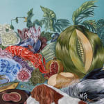 Detail of Sabrina Bockler painting of feast on table, flowers, fruit, lobsters, etc
