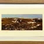 framed painting of a home and landscape with pale yellow border