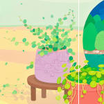 Dany Kwon - detail of the painting "The Season of You, My Dear", vases and plants with back ground of low saturated green sky and yellow landscape