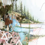 Detail image of Gregory Euclide's "Spangle." Hollow pyramids made by paper under small branches, and painted trees on the right.