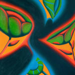 painting by Jocelyn tsah of a dark blue figure walking through a landscape of orange, green, and red flowers