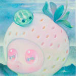Painting by So Youn Lee of a pink iridescent figure with a strawberry head