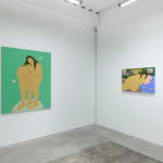 installation of Gina M. Contreras exhibition - white wall with two paintings of nude female figures. From left to right: "Unwanted Affection," and "Every Little Bit Hurts."