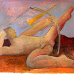 Carlos Rodriguez - painting on paper of a nude man laying on the floor with one leg lifted and his two arms drawing a bow with an arrow formed by fire. Behind him is a mountain range and sky looks like in blue hours.