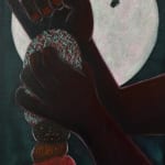 painting by artist genevieve cohn of a pair of hands stacking stones, with one small flower in its hand, against a full moon