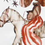 Painting of a cowboy riding a horse wearing a large hat and stripped pants