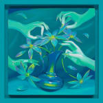 painting by Megan Ellen MacDonald depicting many hands plucking petals off of blue flowers in a vase