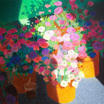 painting of flower pots containing various colored flowers, mostly in shadow by Nicholas Bono Kennedy