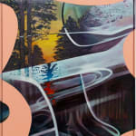 Abstract landscape painting of a forest with a river running through the trees. Abstract pink and blue shapes cover it.