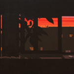 painting by artist Adrian Kay Wong depicting a dark window at sunset. The composition is mostly in silhouette, with small details softly illuminated against the bright orange and red sky.