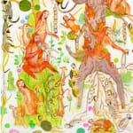 Detail shot of a painting by Mu Pan of creatures, animals and human hybrids eating, sleeping, killing, flying and climbing