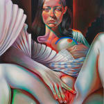 Painting of a woman with long wavy dark brown hair. There is an hand grabbing her exposed breast and another hand on exposed genitals.