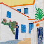 painting depicting an alleyway between white houses with blue doors