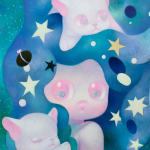 Painting of a girl figure with two dogs, one is in her blue hair and the other is wrapped around her arm. There are stars and dots in her hair.
