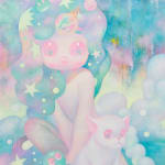 Painting by So Youn Lee of a pink iridescent figure with long blue and green and pink iridescent hair with stars and shapes in it sitting next to a pink dog on a rock with clouds surrounding them