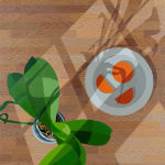 Natalia Juncadella painting of wood floors, shadows, orchid and white plate with oranges