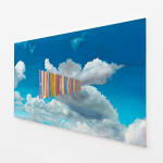 Painting of clouds with the words "Human Fucking Knowledge" in the middle in multicolor
