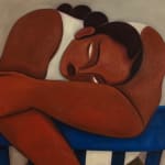 Hilda Palafox painting - woman with braided with head leaning on arm, arm leaning on chair back