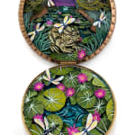 hand-cut watercolor collage in antique cosmetic compact by Shannon Taylor of several dragonflies flying over a pond with a large frog and lily pads