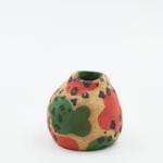 Jackie Brown small ceramic pinch put with green and pink pattern painted on as well as leopard print