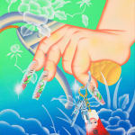 Painting of a hand with long decorated acrylic nails gripping a bike brake and holding a keychain set against a bright background with faint floral pattens by Maya Fuji
