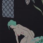 Detail of Oona Brangam-Snell hand-woven embroidery of large frog, flowers and fairy like women