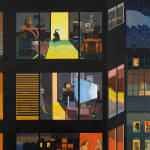 painting of an apartment building with views of several different apartments and their inhabiters