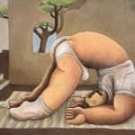 painting of a male figure curled over himself with a tree coming in from the window