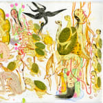 Detail shot of a painting by Mu Pan of creatures, animals and human hybrids eating, sleeping, killing, flying and climbing