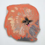 Painting of a round orange dog with a tiny face and his tongue sticking out