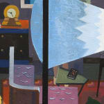 painting of a stream of light peaking into a dark apartment showing a woman's leg emerging