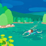 Dany Kwon - detail of the painting "The Season of You, My Dear", the painted scenery of a person swimming in a lake surrounded by forest on the empty vase.