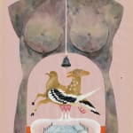 Watercolor painting by Lou Benesch of a human bust that has a hollow stomach a creature hovering above a bed