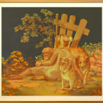 framed painting of a nude girl sitting on the ground next a stone wall and two dogs