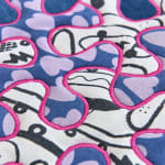 detail of pink and blue quilt with abstract patterns and shapes by Ben Venom