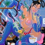 Kristen Liu-Wong - painting of woman in nudity devouring instant noodles with her hands. The figure wears a pair of gloves and boots with fish scales patterns.