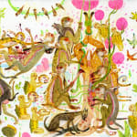 Detail shot of a painting by Mu Pan of creatures, animals and human hybrids eating, sleeping, killing, flying and climbing