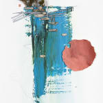 Gregory Euclide - mix media work of abstracted nature scene with a major color palette of bright blue and earth red.
