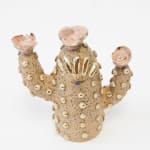 Jen Dwyer brown and gold luster with pink sculpture of cactus with pink florals