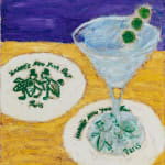 two coasters and a martini on a gold table with a purple background