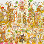 Detail shot of a painting by Mu Pan of creatures, animals and human hybrids eating, sleeping, killing, flying and climbing