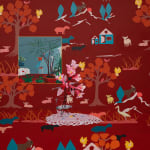 Painting of red and pink flowers in a vase on a white dolly. The table the flowers are resting on and the wall behind it blend in together with matching wallpaper of fall trees and blue houses.