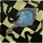 Minyoung Kim painting of black snake looking into broken hand mirror that is reflecting a crescent moon. Black and green checkered tile floor background