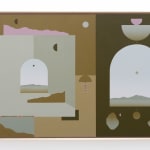 Madeleine Tonzi - Painting separated into two unevenly and each side with layering landscapes, shells, abstract shapes.