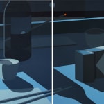 Diptych still life painting of a table. On the left canvas is a white sake cup, the kneck of a beer bottle and a half empty bottle of wine with a lit incense on a holder behind. On the right canvas is a sake pitcher, a box of cigarettes and a single cigarette. There is a window sill in both canvases.
