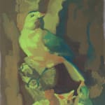 painting of a bird sitting on a twig above two baby birds
