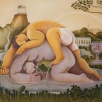 Painting of a fountain with a man on this hands and knees with water coming out of his mouth and penis. On top of the man is another man in white shorts laying on top of him. In the background are hills, a rainbow and a temple.